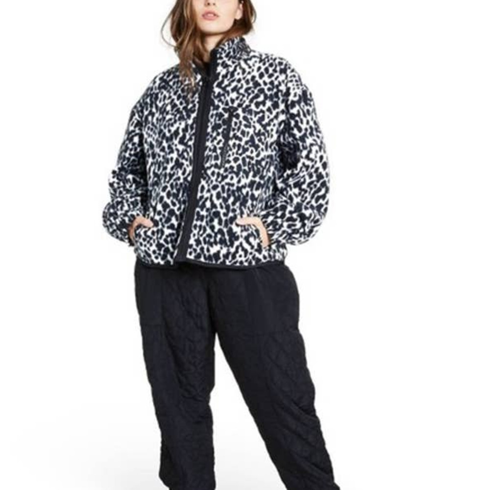 Sandy Liang Womens Full Zip Leopard Fleece Jacket Long Sleeve Size XS Black